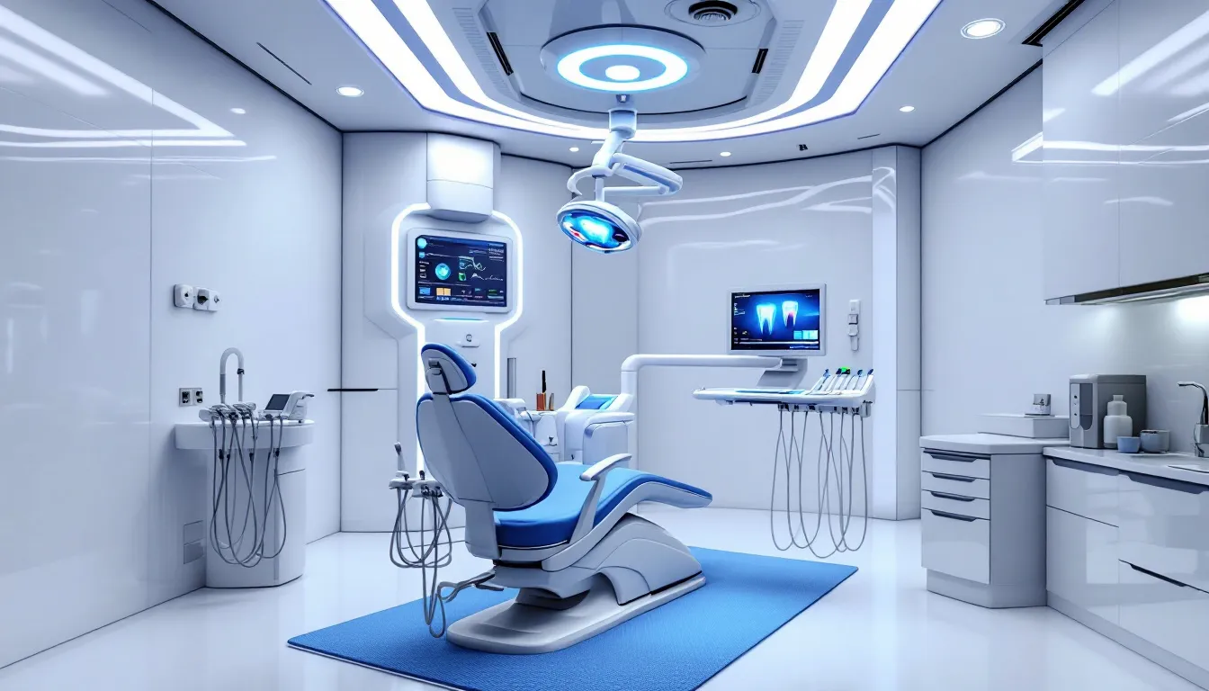 In a modern dental treatment room, advanced dental technology equipment is prominently displayed, including tools for procedures like root canal therapy, dental implants, and teeth cleanings. This high-tech environment emphasizes the importance of maintaining healthy teeth and oral hygiene for optimal oral health.