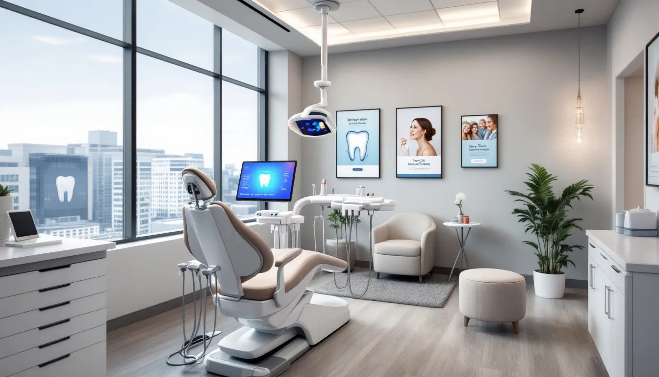 A modern dental office features advanced technology, including digital imaging equipment and comfortable treatment chairs, designed to enhance patient comfort during dental procedures. The space promotes oral health with a clean, welcoming atmosphere, ideal for routine dental care and specialized treatments.