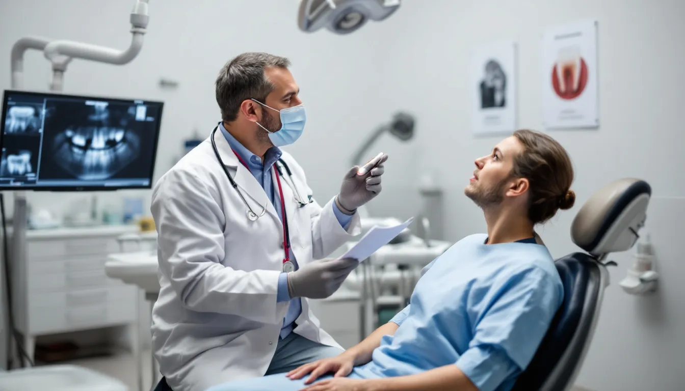 In a dentist's office, a cosmetic dentist is discussing a treatment plan with a client, focusing on options for improving their smile, such as teeth whitening and addressing issues like crooked or misaligned teeth. The conversation highlights various cosmetic dentistry procedures that can enhance overall oral health and appearance.