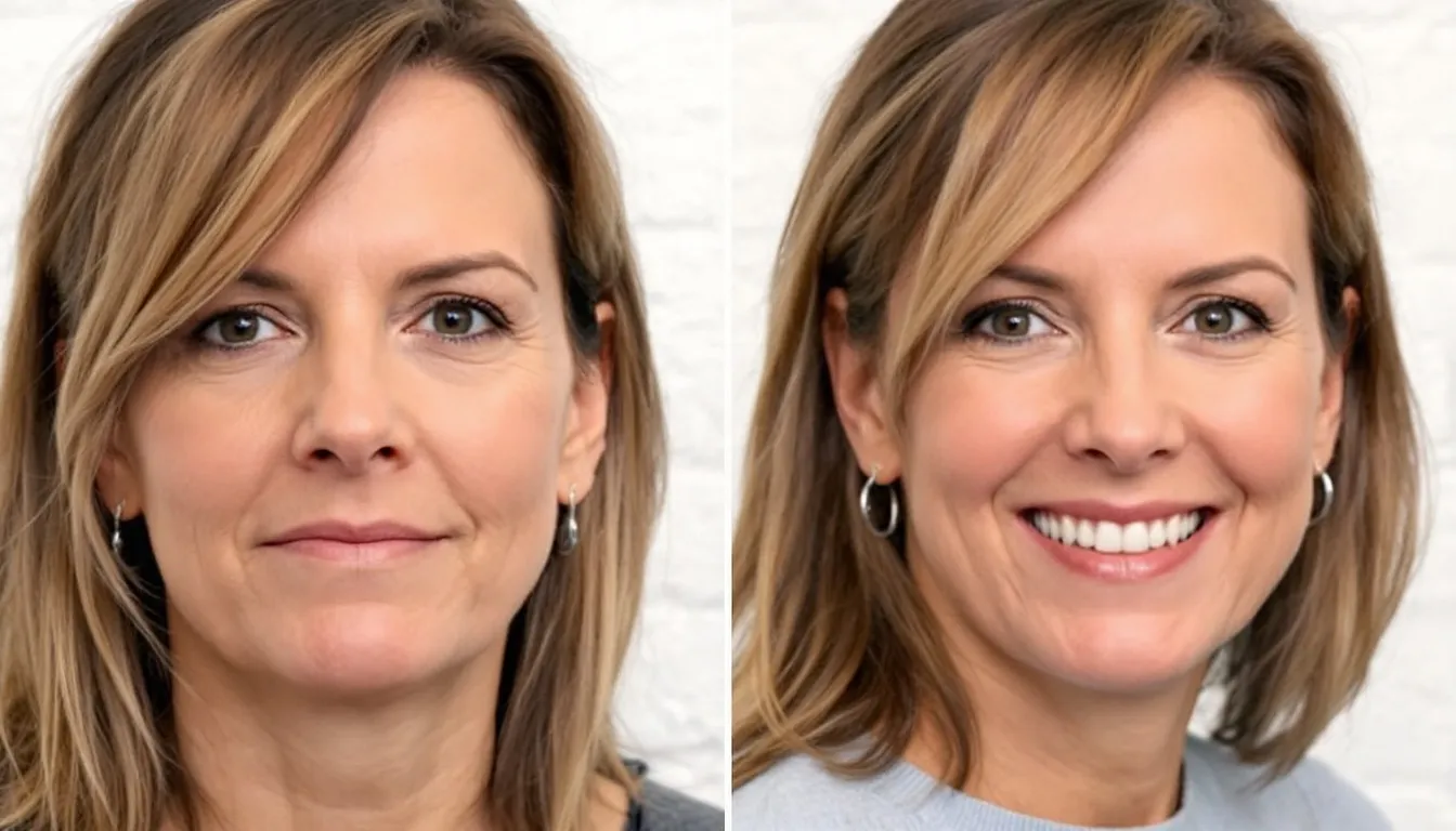 A side-by-side comparison shows a dramatic smile transformation, highlighting the difference between a smile affected by tooth decay and missing teeth on the left, and a beautiful, healthy smile with natural teeth and dental crowns on the right, showcasing effective dental treatments. This image emphasizes the importance of oral health and dental procedures in achieving a confident smile.