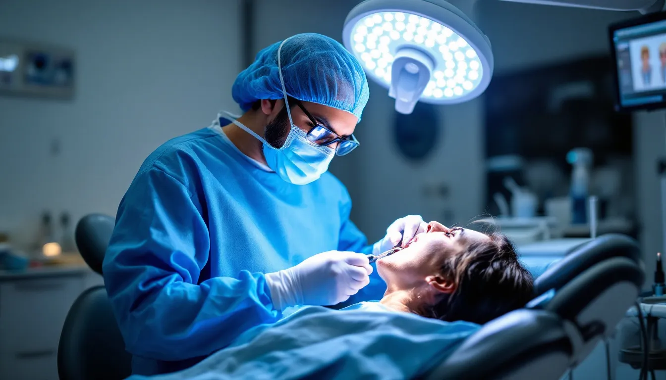 A dental surgeon is skillfully performing a complex oral procedure using advanced surgical equipment, focusing on improving oral health through techniques such as dental implant surgery. This scene highlights the expertise of oral surgeons, who are dental specialists dedicated to addressing intricate dental concerns and enhancing patients' overall well-being.