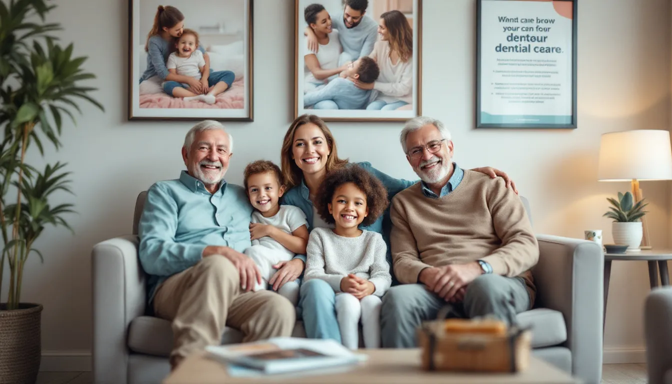 In a comfortable dental office waiting area, a multi-generational family smiles together, showcasing the importance of routine dental care for maintaining oral health. Their joyful expressions reflect a positive experience in a space dedicated to promoting dental health and well-being.