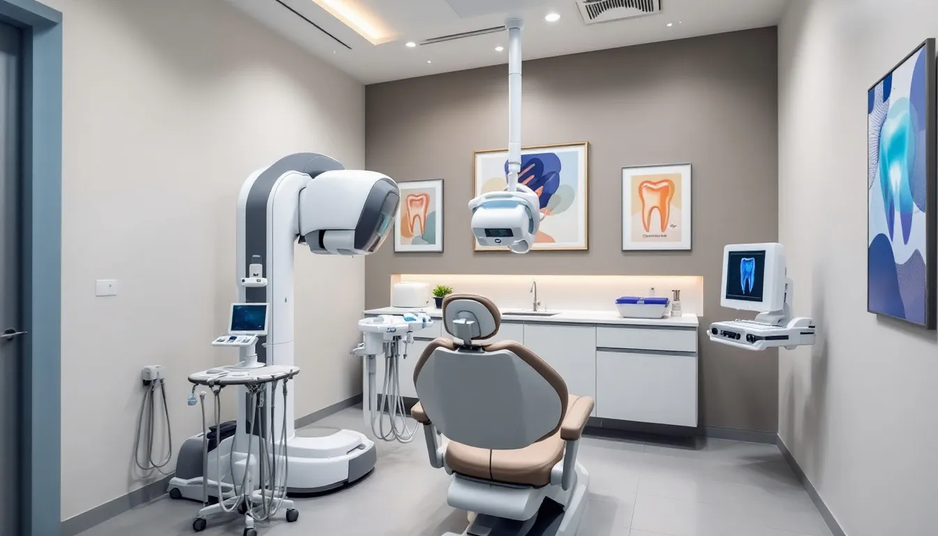 The image showcases a modern dental clinic featuring advanced digital imaging equipment and comfortable treatment areas designed for patient comfort and oral health care. This environment reflects the latest in dental technology, emphasizing the importance of routine dental care and the various types of dental specialists available to address a range of oral health issues.