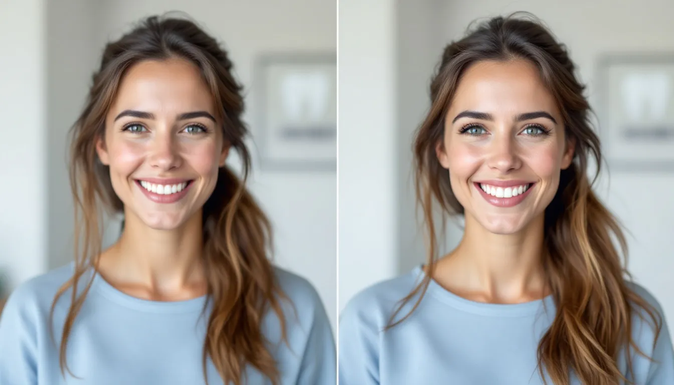 A before and after comparison showcases a stunning smile transformation achieved through cosmetic dentistry, highlighting the significant improvement in the patient's teeth and overall dental health. The image illustrates the effectiveness of dental procedures like teeth whitening and restorative treatments in enhancing oral aesthetics.