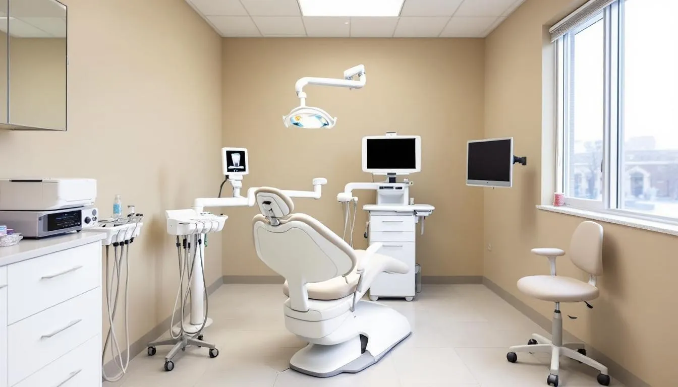 The image depicts a modern dental office featuring a comfortable patient chair, surrounded by advanced dental equipment, creating a welcoming environment for various dental procedures and treatments. This setup is designed to ensure optimal oral health and patient comfort during visits for services like teeth cleanings, cosmetic dentistry, and root canal therapy.