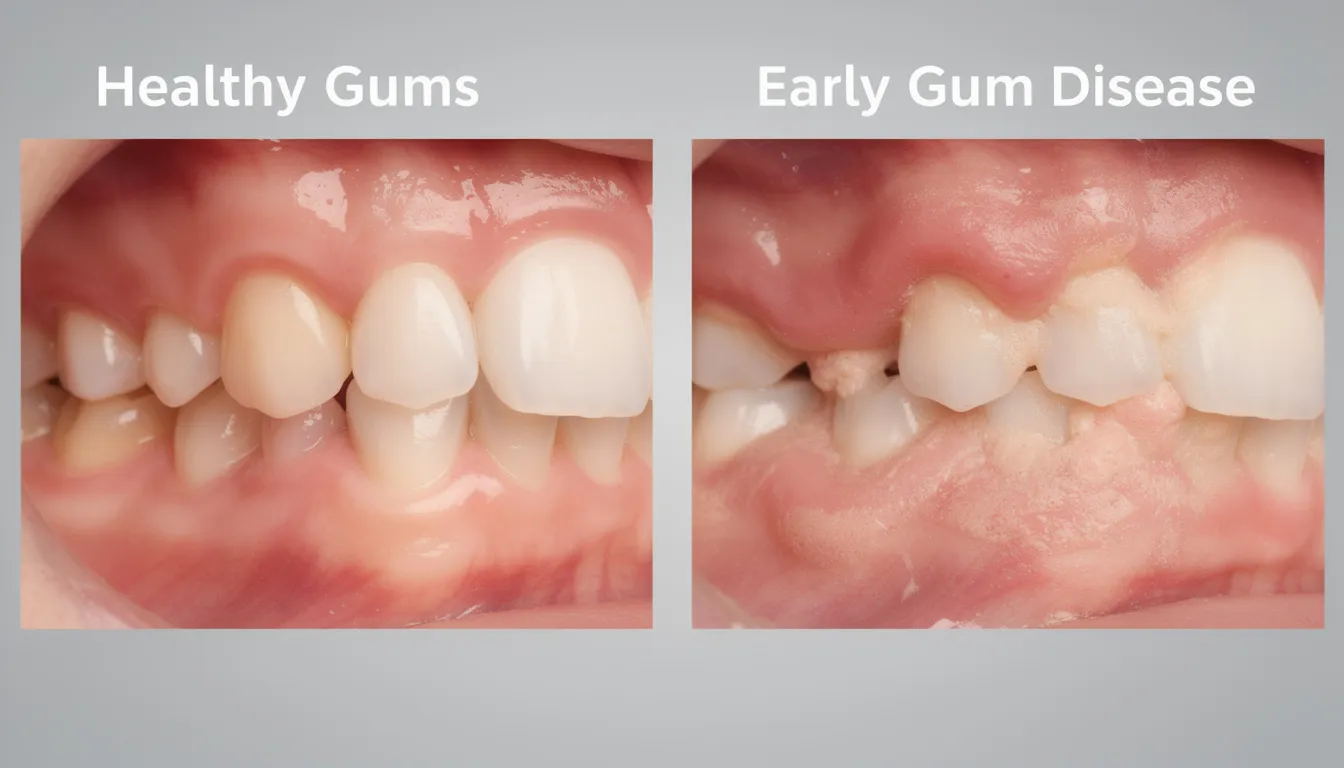 The image shows a close-up comparison of healthy gums on one side and early signs of gum disease on the other, highlighting the importance of maintaining oral health. This visual emphasizes the need for regular dental check-ups to detect dental problems early and ensure optimal dental health.