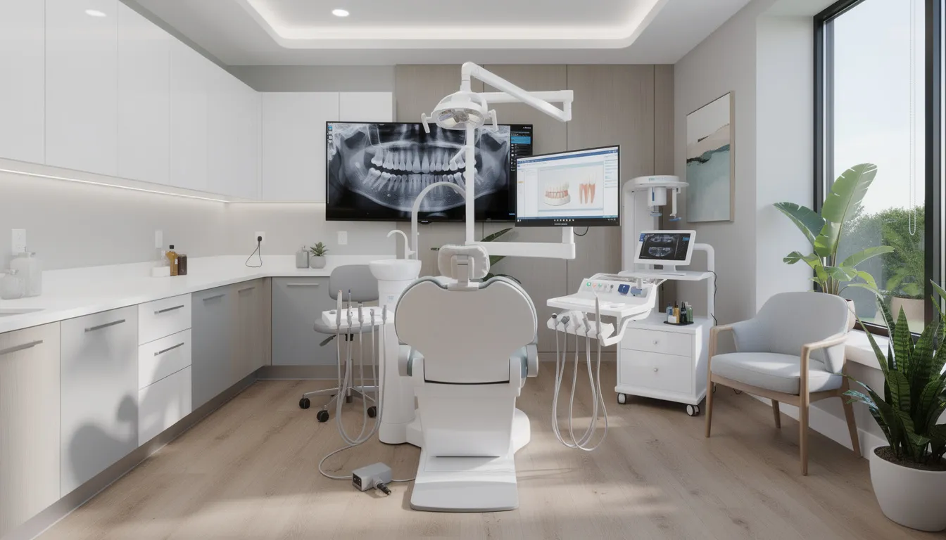 The image depicts a modern dental office equipped with advanced diagnostic tools, creating a comfortable environment for patients. This setting emphasizes the importance of maintaining oral health through comprehensive dental exams and regular dental check-ups to detect early signs of oral diseases and ensure optimal dental health.