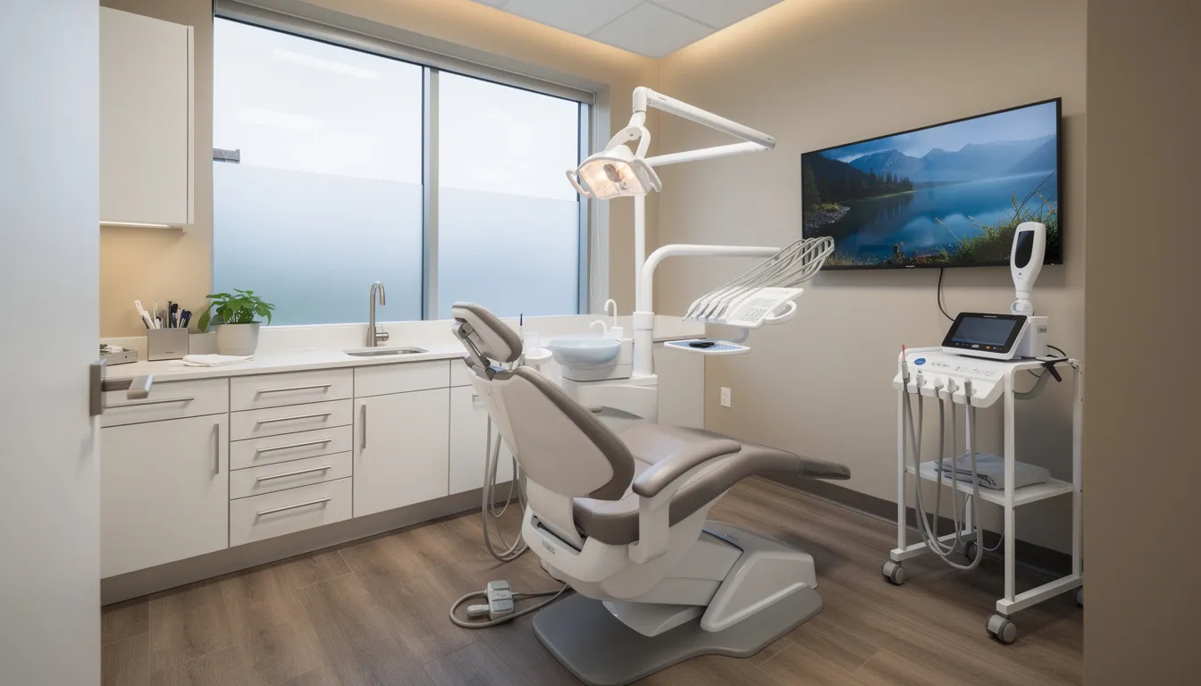 The image depicts a modern dental office featuring a comfortable treatment room equipped with advanced dental technology. This space promotes good oral health practices, emphasizing the importance of regular dental visits for maintaining healthy teeth and gums.