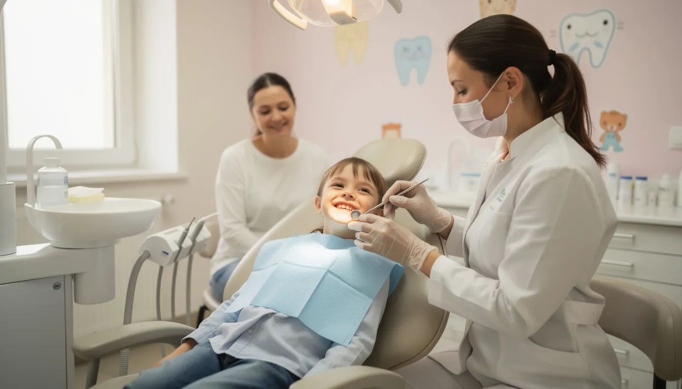 A child is comfortably seated in a dental chair, smiling as a friendly dentist conducts a gentle dental examination, emphasizing the importance of good oral health and regular check-ups for maintaining a healthy smile and preventing tooth decay. The bright, welcoming environment of the family dental practice promotes a positive experience for young patients.
