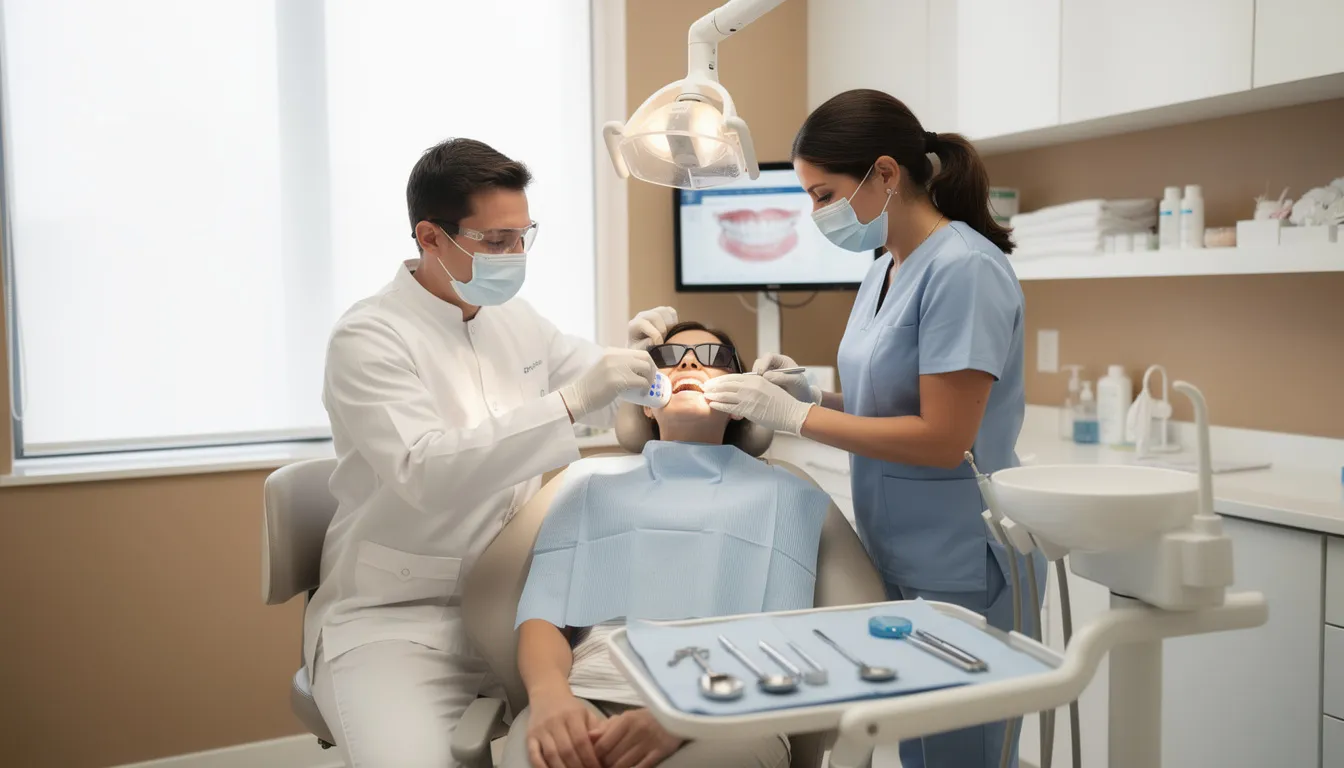 A dental team is seen performing a professional teeth whitening treatment in a comfortable dental office, showcasing the importance of maintaining optimal oral health. The general dentists and dental hygienists work together to enhance the patient's smile while educating them on proper oral hygiene practices.