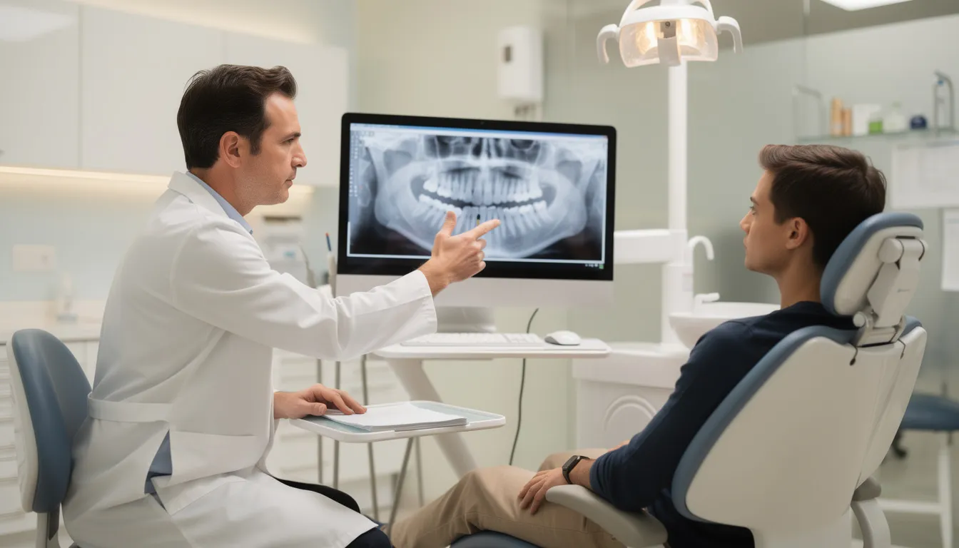 A dentist is reviewing digital X-ray images on a computer screen with a patient, discussing the findings related to their oral health. This consultation aims to identify any dental issues, such as tooth decay or gum disease, and to create a proactive treatment plan for maintaining optimal oral health.