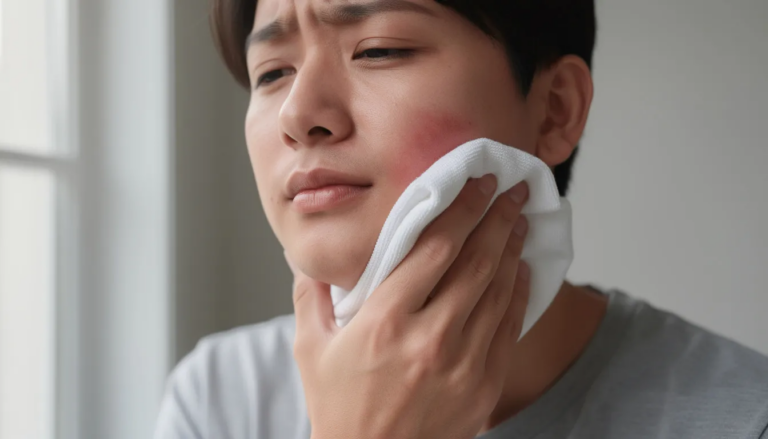 A person is applying a cold compress wrapped in a cloth to their jaw, likely to alleviate discomfort from severe tooth pain or a dental emergency. This act can help reduce swelling and provide temporary relief while they seek urgent dental care.