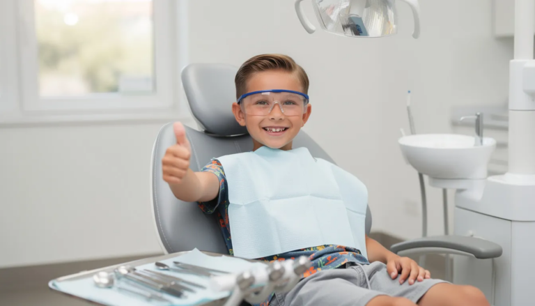 A young child sits in a dental chair, wearing protective glasses and giving an enthusiastic thumbs up, showcasing a positive attitude towards their routine dental examination. This cheerful moment highlights the importance of maintaining optimal oral health and the benefits of regular dental checkups.