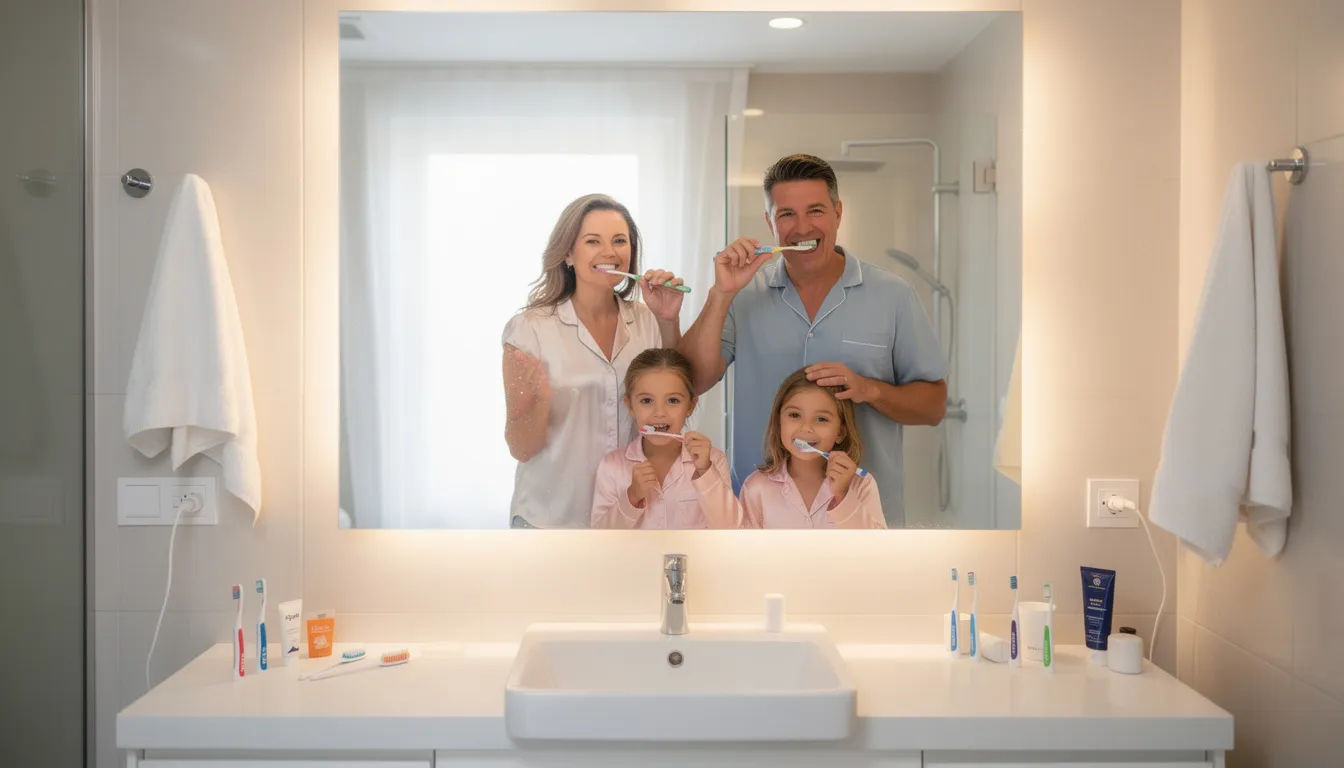A family is gathered in a bathroom, happily brushing their teeth together in front of a mirror, promoting good oral health habits. This scene emphasizes the importance of dental care and routine dental exams for maintaining healthy teeth and gums.