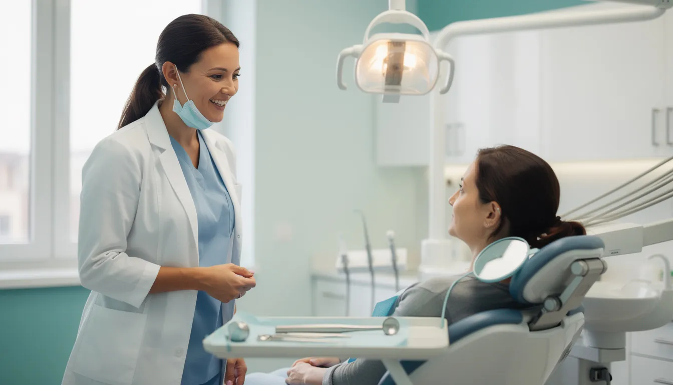 A female dentist is sitting across from a client in an exam room, discussing the client's oral health and dental care needs. She is likely reviewing the client's medical history and suggesting necessary treatments for maintaining good oral health during their dental checkup.