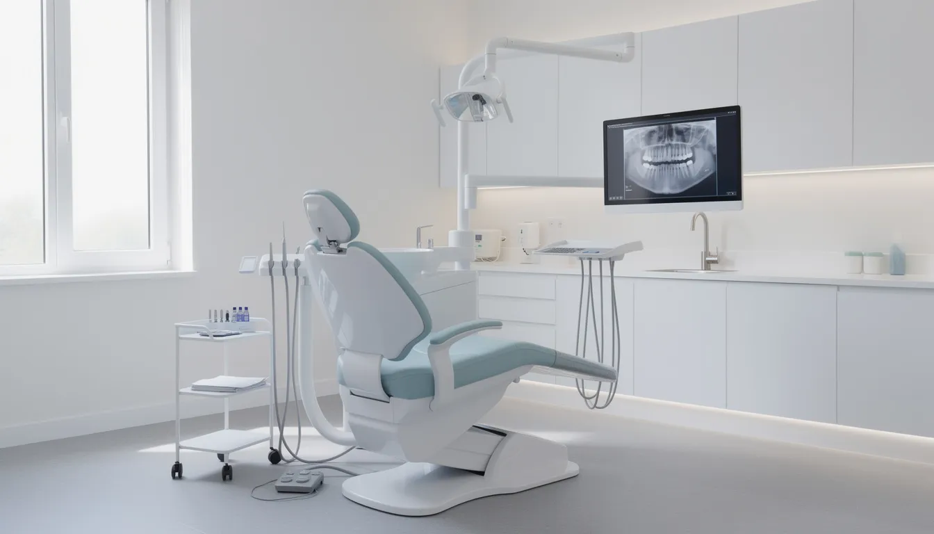 The image depicts a modern dental treatment room equipped with advanced digital technology and a comfortable patient chair, designed to provide urgent dental care for various dental concerns. This inviting space aims to alleviate discomfort and ensure patients receive timely attention for issues such as severe tooth pain or dental emergencies.