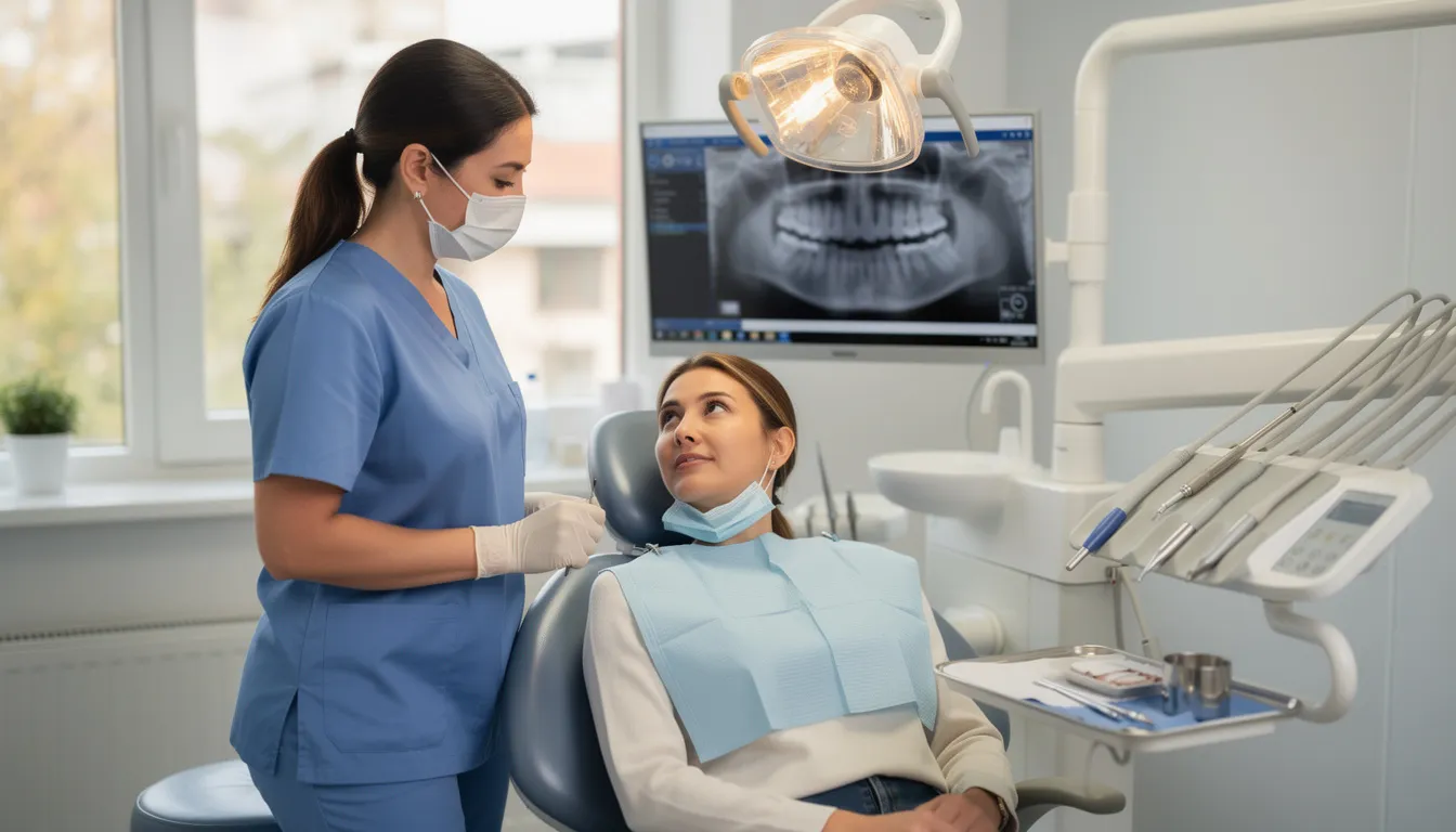 A dental professional is seated next to a patient in a treatment chair, explaining the dental checkup procedure while reviewing the patient's medical history. The scene emphasizes the importance of oral health and the role of the dental team in providing preventive care and addressing any potential dental problems.