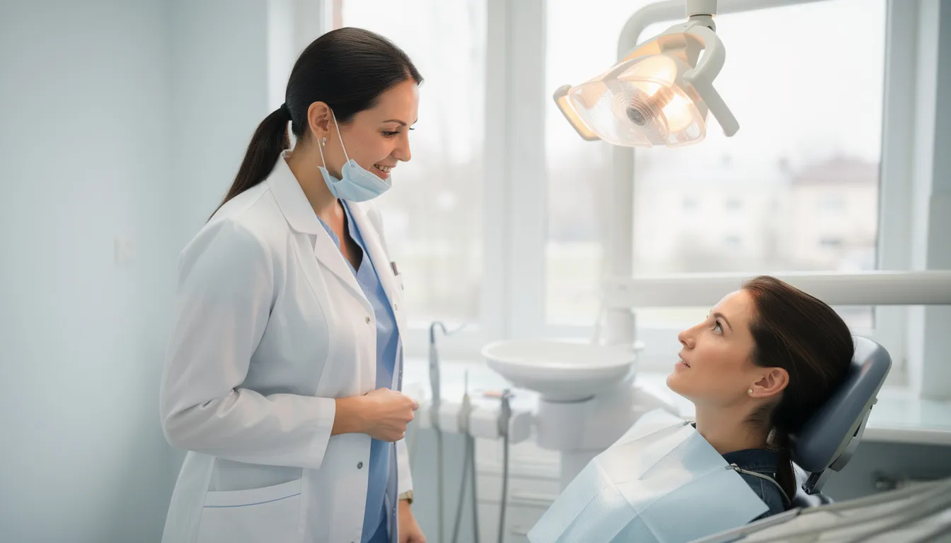 A female dentist is engaged in conversation with a client during a routine dental examination, discussing the importance of maintaining optimal oral health and addressing any potential dental problems. The setting reflects a professional dental office focused on patient care and education.