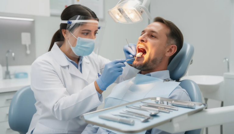 A dentist is performing a thorough oral examination using a mirror and probe to assess the patient's teeth and gums for any signs of dental problems, such as gum disease or tooth decay. This routine dental exam is essential for maintaining good oral health and identifying any necessary treatments early on.