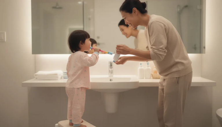 A parent and child are happily brushing their teeth together at a bathroom sink, promoting dental care and oral health habits from a young age. This scene emphasizes the importance of preventive dental care for families, fostering a healthy smile and good dental hygiene practices.