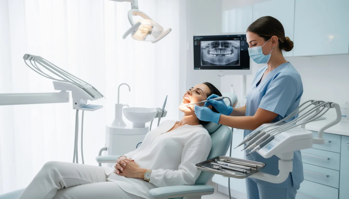 A patient is comfortably reclining in a dental chair while a dental hygienist performs a professional teeth cleaning, focusing on maintaining optimal oral health and preventing dental problems. The setting emphasizes the importance of regular dental exams and thorough visual examinations to ensure overall oral health.
