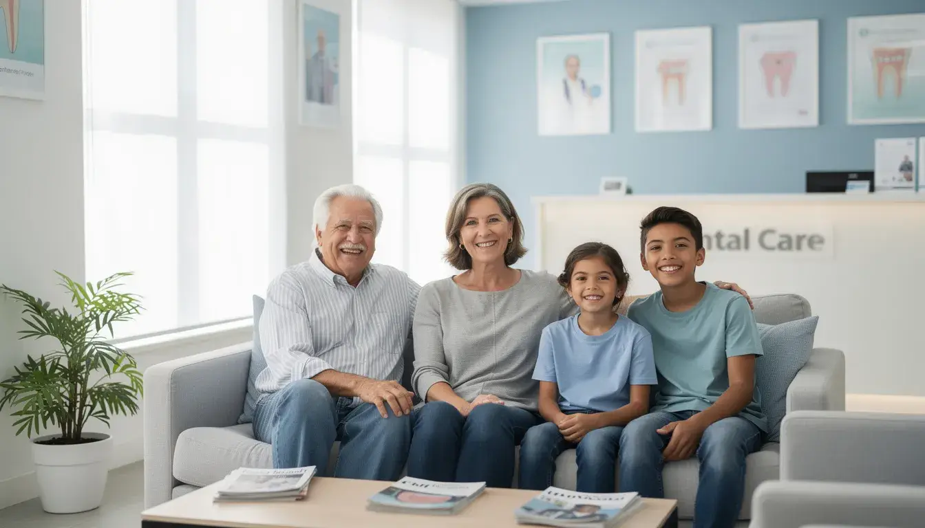 A cheerful family of varying ages is sitting together in a dental waiting room, smiling as they prepare for their dental care visit. This scene highlights the importance of oral health and the benefits of having a dental plan, such as those offered by Delta Dental.