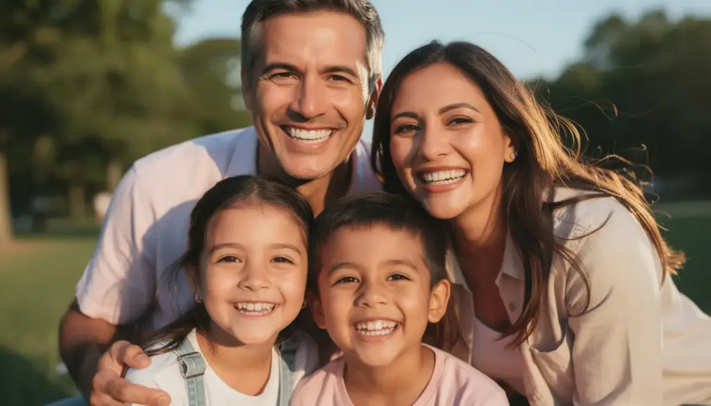 A cheerful family of four stands outdoors, showcasing their bright and healthy smiles, symbolizing the importance of good oral hygiene in preventing bad breath and maintaining fresh breath. Their joyful expressions highlight the connection between oral health and family bonding, encouraging regular dental checkups and an effective oral care routine.