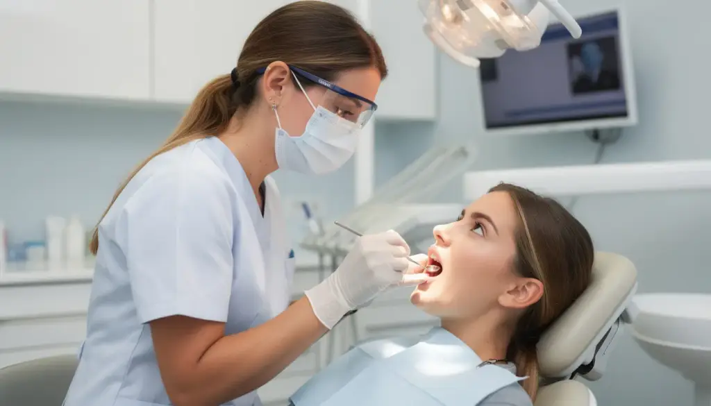A female dentist is closely examining a client's teeth, showcasing a professional dental care environment. This scene highlights the importance of regular check-ups for maintaining oral health and utilizing dental insurance benefits for comprehensive coverage.