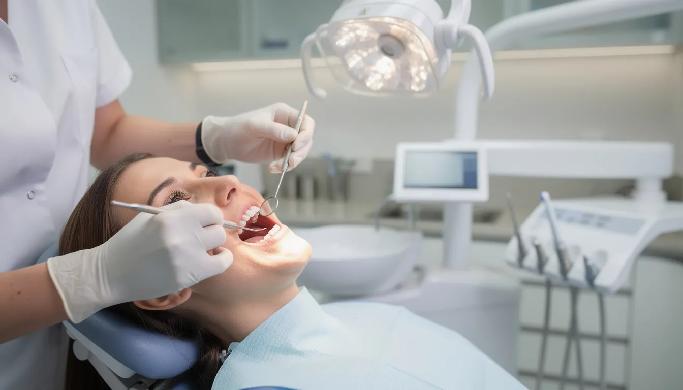A dental professional is closely examining a patient's teeth using modern equipment, highlighting the importance of regular dental checkups for maintaining good oral hygiene and preventing issues like gum disease and chronic bad breath. The image emphasizes the role of professional care in combating mouth odor and promoting fresh breath.