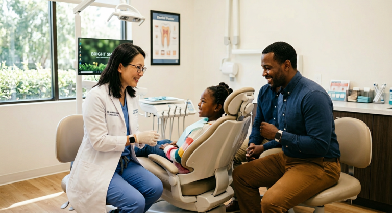 A bright, modern dental office with a friendly female dentist in a white coat smiling 672098