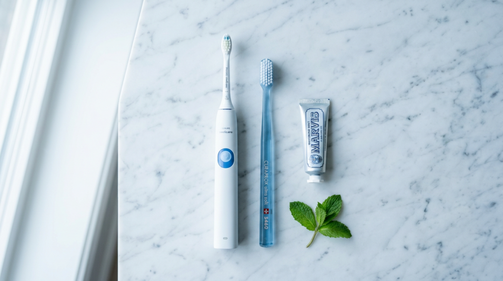 A clean flat-lay photograph of an electric toothbrush and a manual toothbrush placed 672098