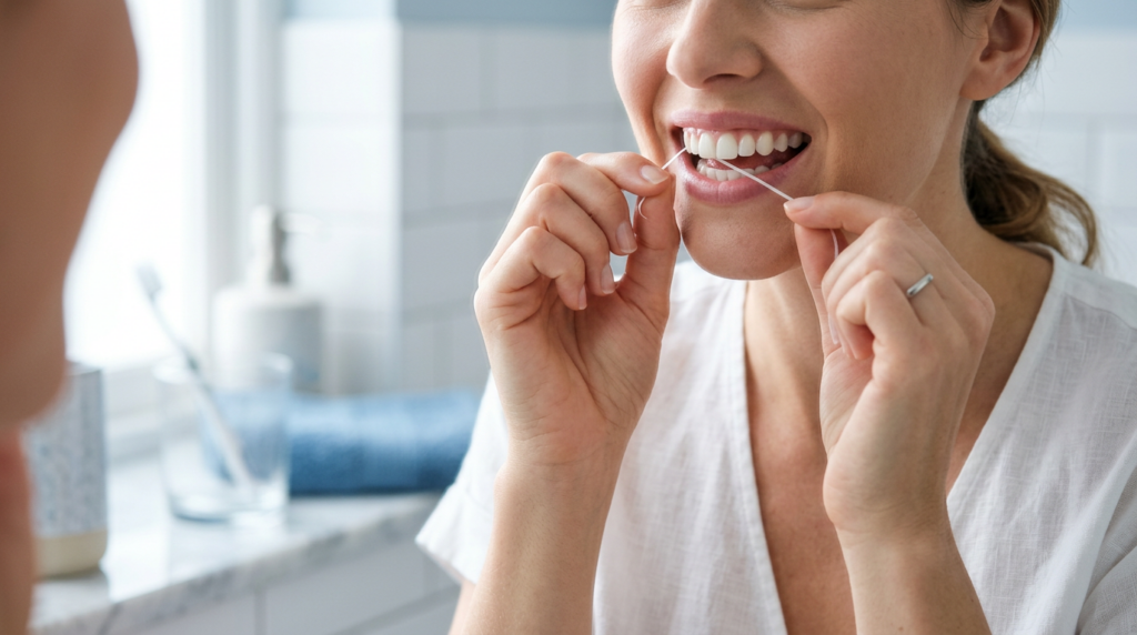 A close-up photograph of a person's hands flossing their teeth with white string dent 672098