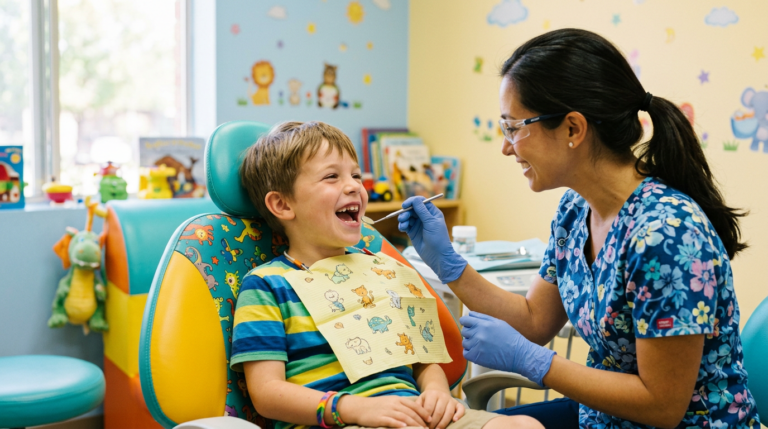 A happy child around 7 years old sitting in a colorful, kid-friendly dental chair wit 672098