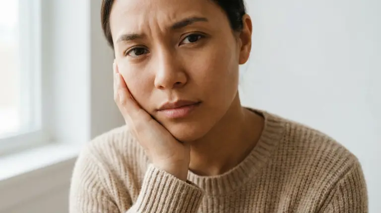 Thoughtful woman resting face on hand indoors