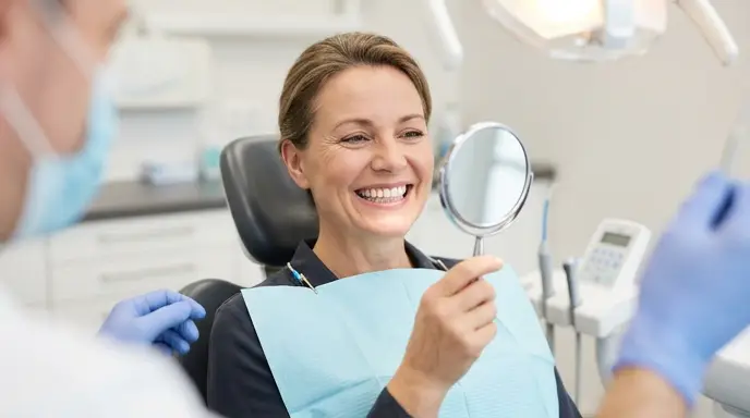 Smiling woman holding mirror at dental appointment