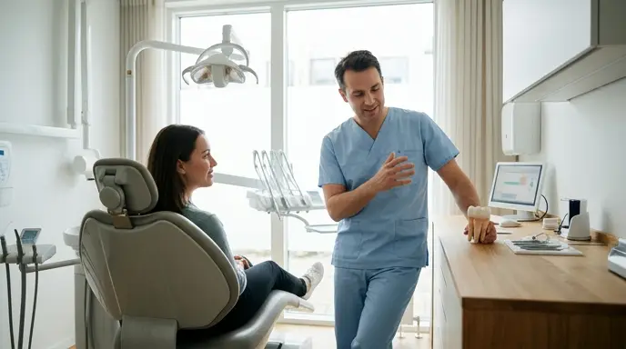 Dentist consulting patient in modern dental clinic