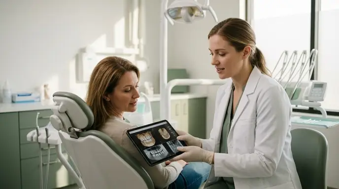 Dentist showing dental X-rays to patient