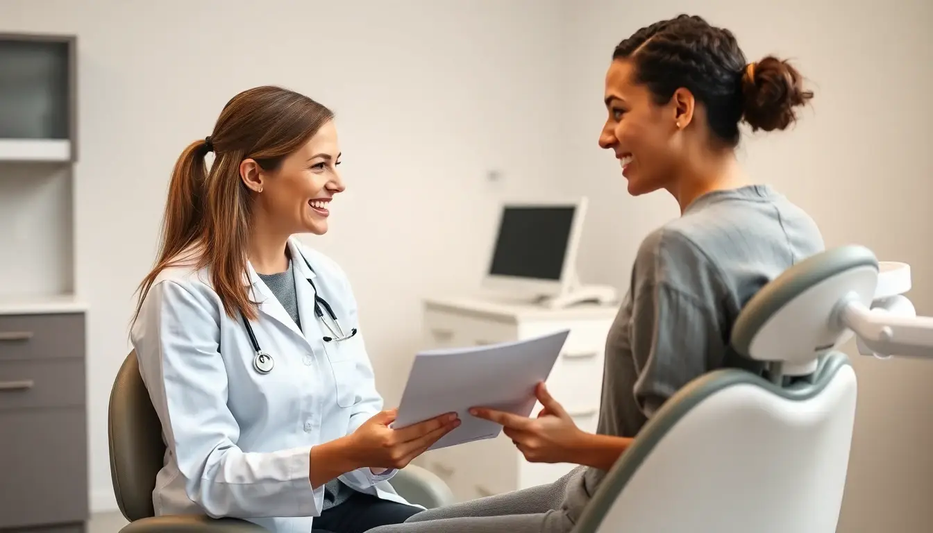 A female dentist explaining treatment and coverage to a seated patient