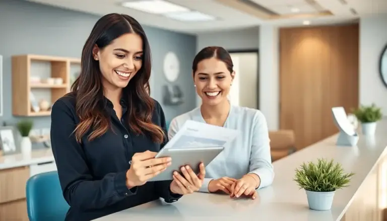 A friendly female dental professional reviewing insurance benefits with a patient at the front desk