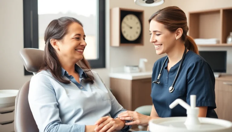 A female dentist reassuring a patient during a gentle dental exam