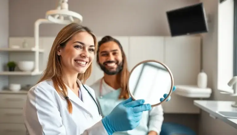 A female dentist showing a smiling patient their improved smile in a hand mirror
