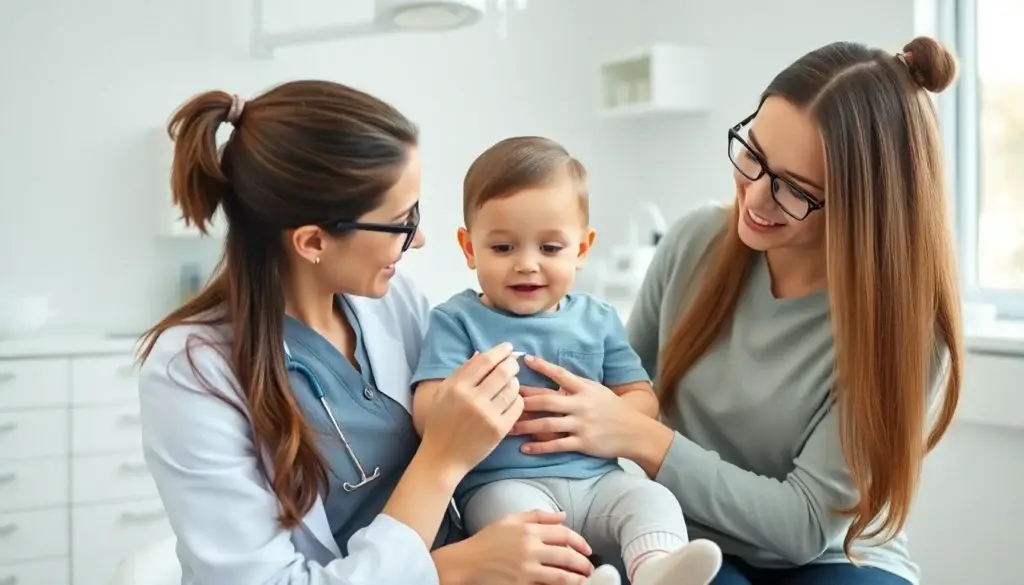 A female dentist gently examining a toddler sitting on a parent's lap