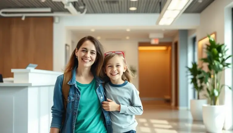 A parent and child leaving a dental appointment smiling
