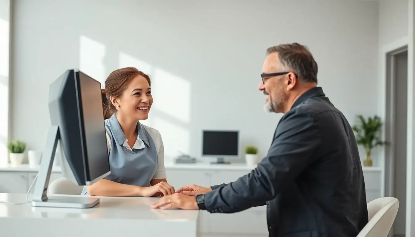 A patient checking dental insurance network details with a dental office team member