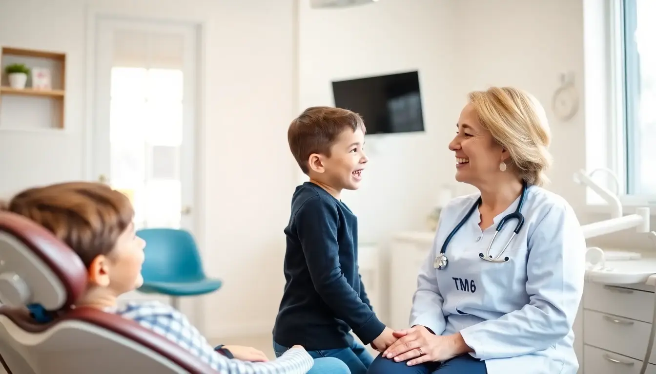 A female dentist with a family in a bright dental office