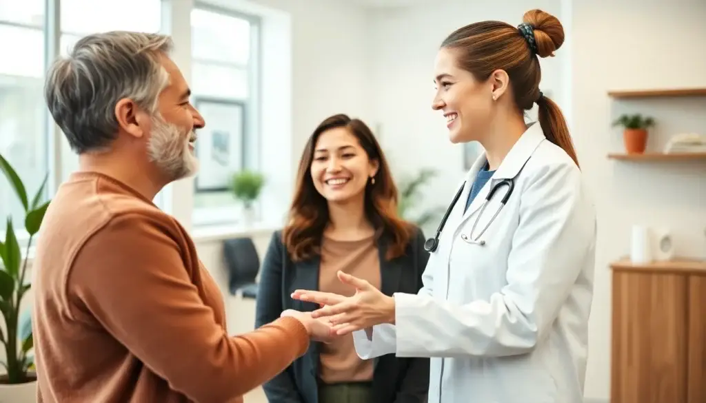 A female dentist welcoming a new patient at a modern dental practice