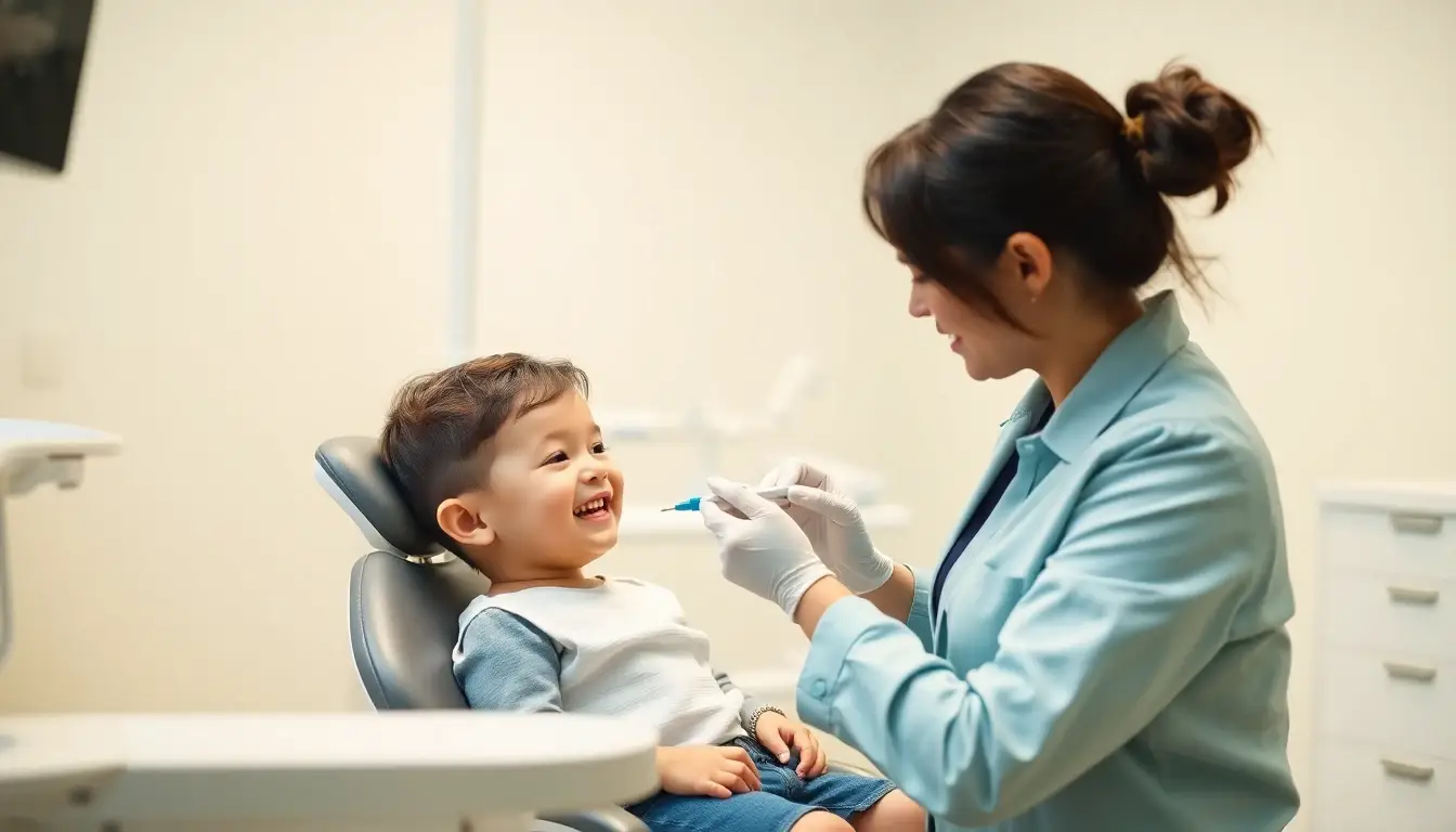 A young child sitting in a dental chair during a routine exam