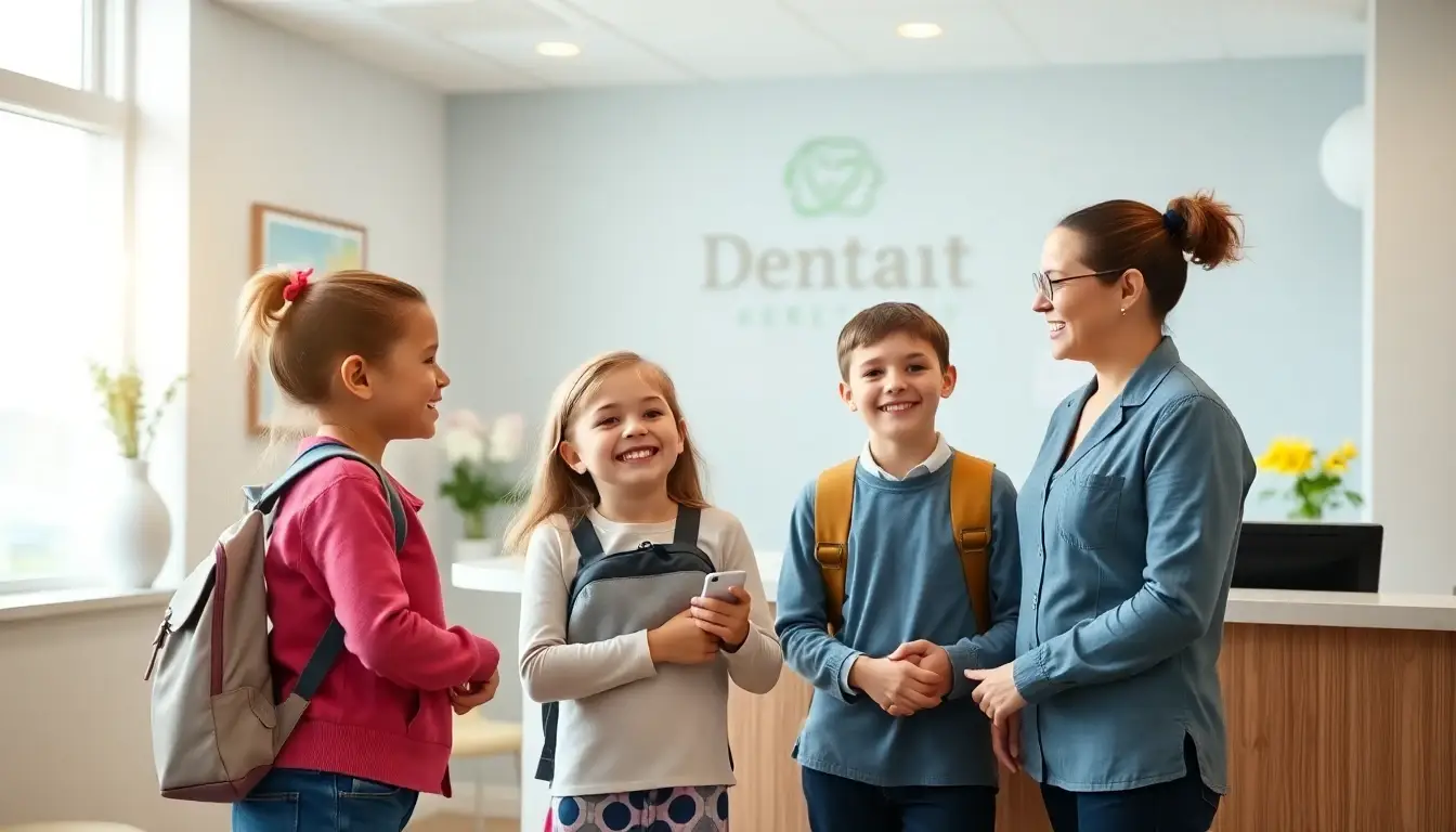 A parent and two children at a dental office reception desk