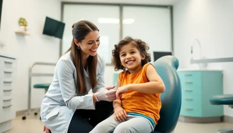 A female dentist smiling with a young child patient in a bright Corona dental office