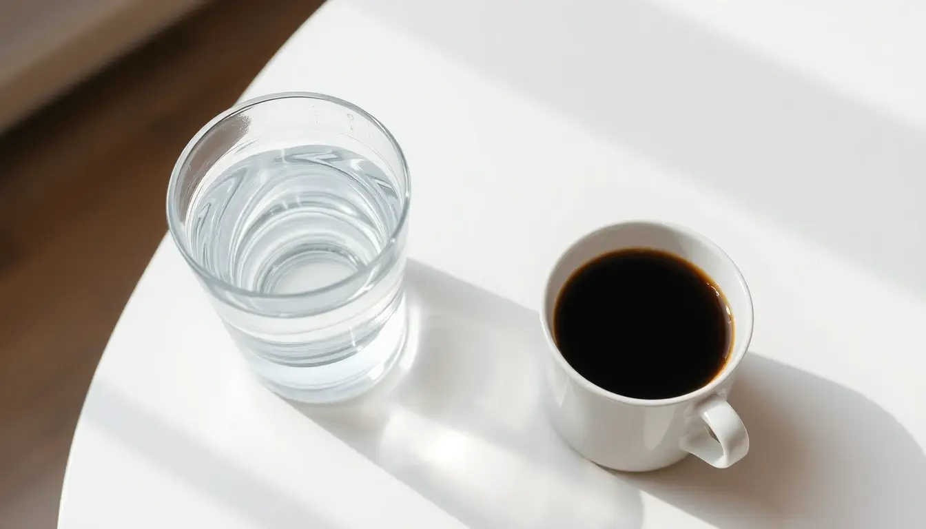A cup of coffee and a glass of water on a table